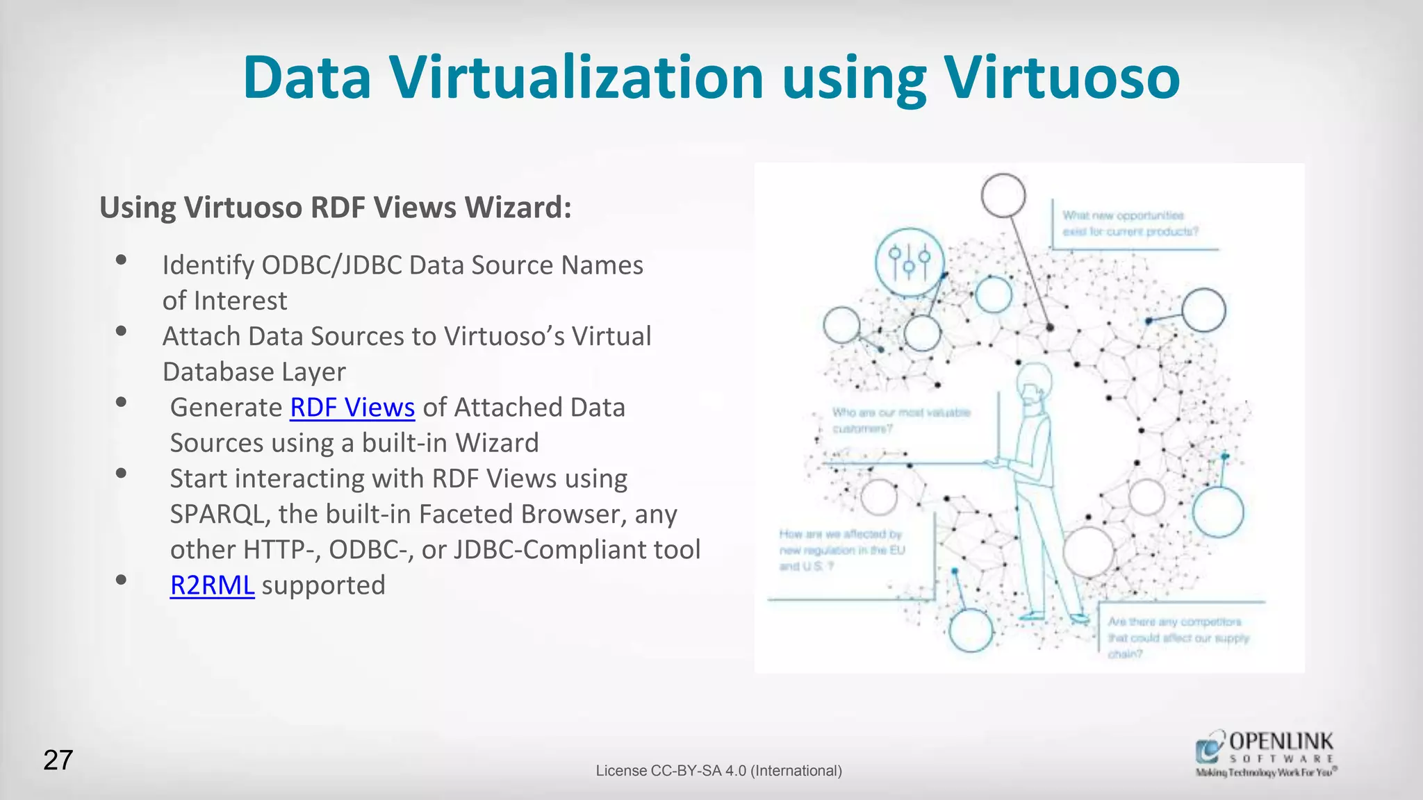 Data Virtualization using Virtuoso
Using Virtuoso RDF Views Wizard:
• Identify ODBC/JDBC Data Source Names
of Interest
• Attach Data Sources to Virtuoso’s Virtual
Database Layer
• Generate RDF Views of Attached Data
Sources using a built-in Wizard
• Start interacting with RDF Views using
SPARQL, the built-in Faceted Browser, any
other HTTP-, ODBC-, or JDBC-Compliant tool
• R2RML supported
27 License CC-BY-SA 4.0 (International)
 