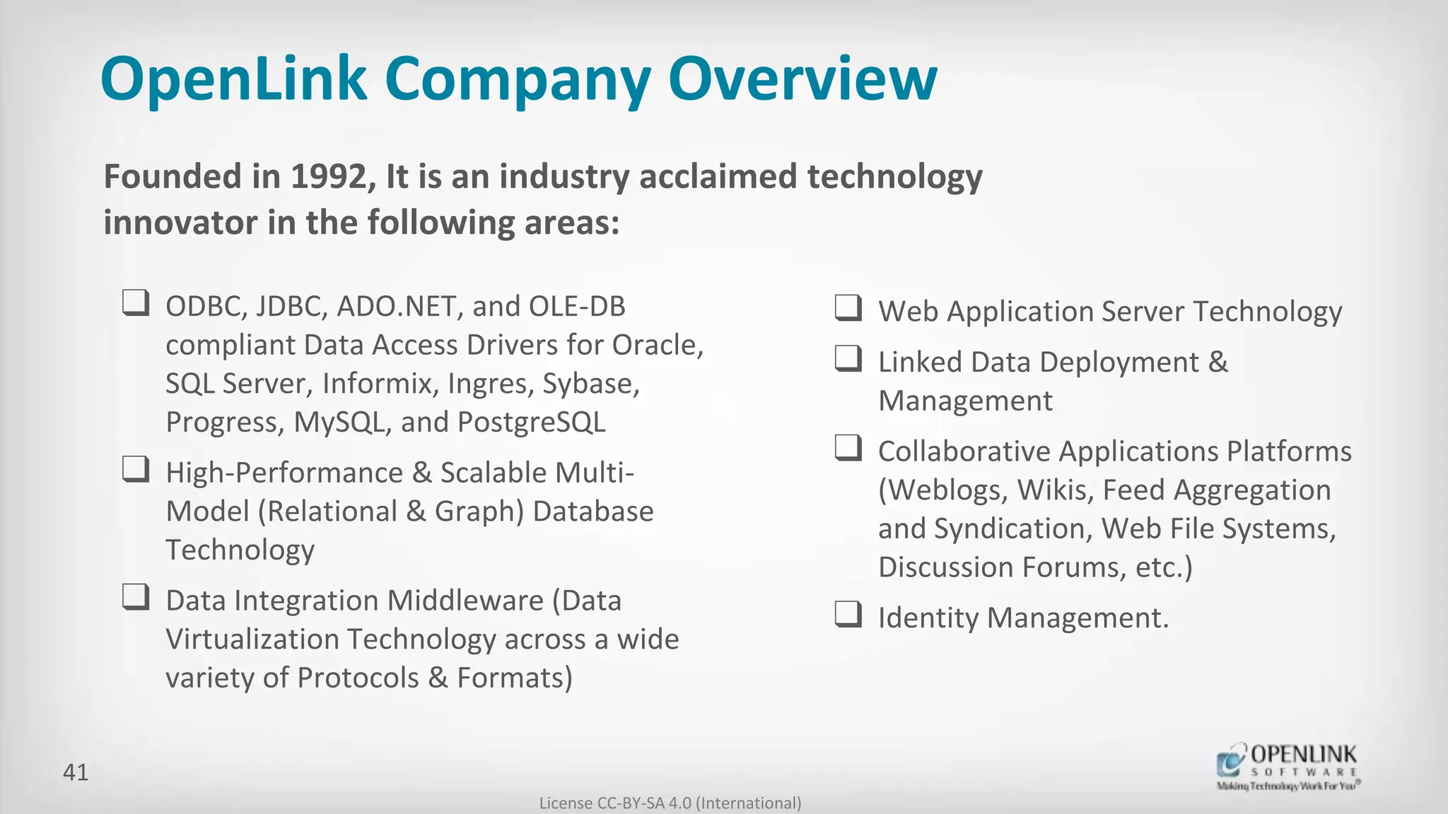 OpenLink Company Overview
❑ ODBC, JDBC, ADO.NET, and OLE-DB
compliant Data Access Drivers for Oracle,
SQL Server, Informix, Ingres, Sybase,
Progress, MySQL, and PostgreSQL
❑ High-Performance & Scalable Multi-
Model (Relational & Graph) Database
Technology
❑ Data Integration Middleware (Data
Virtualization Technology across a wide
variety of Protocols & Formats)
License CC-BY-SA 4.0 (International)
41
❑ Web Application Server Technology
❑ Linked Data Deployment &
Management
❑ Collaborative Applications Platforms
(Weblogs, Wikis, Feed Aggregation
and Syndication, Web File Systems,
Discussion Forums, etc.)
❑ Identity Management.
Founded in 1992, It is an industry acclaimed technology
innovator in the following areas:
 
