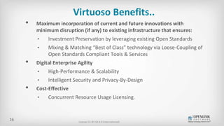 Virtuoso Benefits..
• Maximum incorporation of current and future innovations with
minimum disruption (if any) to existing...