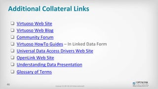 Additional Collateral Links
❏ Virtuoso Web Site
❏ Virtuoso Web Blog
❏ Community Forum
❏ Virtuoso HowTo Guides – In Linked ...