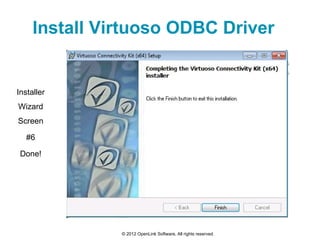Install Virtuoso ODBC Driver


Installer
Wizard
Screen

   #6

 Done!




               © 2012 OpenLink Software, All rig...