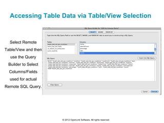 Accessing Table Data via Table/View Selection



  Select Remote
Table/View and then
  use the Query
 Builder to Select
  ...