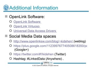 Additional Information
 OpenLink Software:
   OpenLink Software
   OpenLink Virtuoso
   Universal Data Access Drivers
...