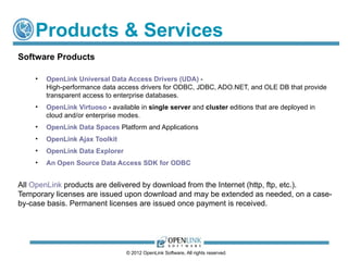 Products & Services
Software Products

    •   OpenLink Universal Data Access Drivers (UDA) -
        High-performance dat...