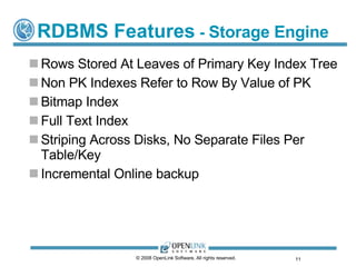 RDBMS Features  -  Storage Engine Rows Stored At Leaves of Primary Key Index Tree Non PK Indexes Refer to Row By Value of PK Bitmap Index Full Text Index Striping Across Disks, No Separate Files Per Table/Key Incremental Online backup © 2008 OpenLink Software, All rights reserved.  