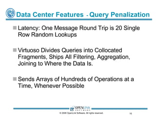 Data Center Features   -  Query Penalization Latency: One Message Round Trip is 20 Single Row Random Lookups Virtuoso Divides Queries into Collocated Fragments, Ships All Filtering, Aggregation, Joining to Where the Data Is. Sends Arrays of Hundreds of Operations at a Time, Whenever Possible © 2008 OpenLink Software, All rights reserved.  