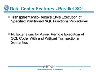 Data Center Features   -  Parallel SQL Transparent Map-Reduce Style Execution of Specified Partitioned SQL Functions/Procedures PL Extensions for Async Remote Execution of SQL Code, With and Without Transactional Semantics © 2008 OpenLink Software, All rights reserved.  
