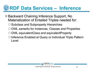 RDF Data Services –  Inference Backward Chaining Inference Support, No Materialization of Entailed Triples needed for: Subclass and Subproperty Hierarchies OWL sameAs for Instances, Classes and Properties OWL equivalentClass and equivalentProperty Inference Enabled at Query or Individual Triple Pattern Level © 2008 OpenLink Software, All rights reserved.  
