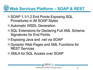 Web Services Platform – SOAP & REST SOAP 1.1/1.2 End Points Exposing SQL Procedures in All SOAP Styles Automatic WSDL Generation SQL Extensions for Declaring Full XML Schema Signatures for End Points Exposing Java and .net via SOAP Dynamic Web Pages and XML Functions for REST Services XMLA for SQL Access over SOAP © 2008 OpenLink Software, All rights reserved.  