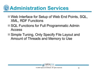 Administration Services Web Interface for Setup of Web End Points, SQL, XML, RDF Functions SQL Functions for Full Programmatic Admin Access Simple Tuning, Only Specify File Layout and Amount of Threads and Memory to Use © 2008 OpenLink Software, All rights reserved.  