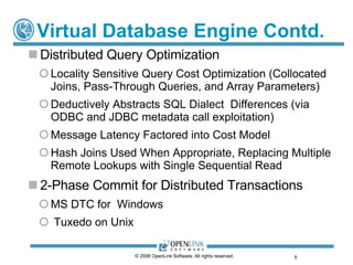 Virtual Database Engine Contd. Distributed Query Optimization Locality Sensitive Query Cost Optimization (Collocated Joins, Pass-Through Queries, and Array Parameters) Deductively Abstracts SQL Dialect  Differences (via ODBC and JDBC metadata call exploitation) Message Latency Factored into Cost Model Hash Joins Used When Appropriate, Replacing Multiple Remote Lookups with Single Sequential Read 2-Phase Commit for Distributed Transactions MS DTC for  Windows Tuxedo on Unix © 2008 OpenLink Software, All rights reserved.  