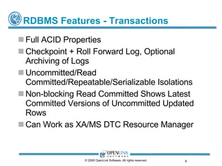 RDBMS Features - Transactions Full ACID Properties Checkpoint + Roll Forward Log, Optional Archiving of Logs Uncommitted/Read Committed/Repeatable/Serializable Isolations Non-blocking Read Committed Shows Latest Committed Versions of Uncommitted Updated Rows Can Work as XA/MS DTC Resource Manager © 2008 OpenLink Software, All rights reserved.  