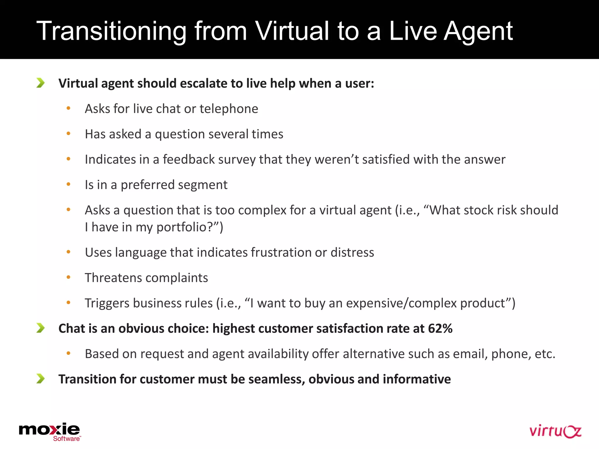 Transitioning from Virtual to a Live Agent
 Virtual agent should escalate to live help when a user:
  • Asks for live chat or telephone
  • Has asked a question several times
  • Indicates in a feedback survey that they weren’t satisfied with the answer
  • Is in a preferred segment
  • Asks a question that is too complex for a virtual agent (i.e., “What stock risk should
    I have in my portfolio?”)
  • Uses language that indicates frustration or distress
  • Threatens complaints
  • Triggers business rules (i.e., “I want to buy an expensive/complex product”)
 Chat is an obvious choice: highest customer satisfaction rate at 62%
  • Based on request and agent availability offer alternative such as email, phone, etc.
 Transition for customer must be seamless, obvious and informative
 