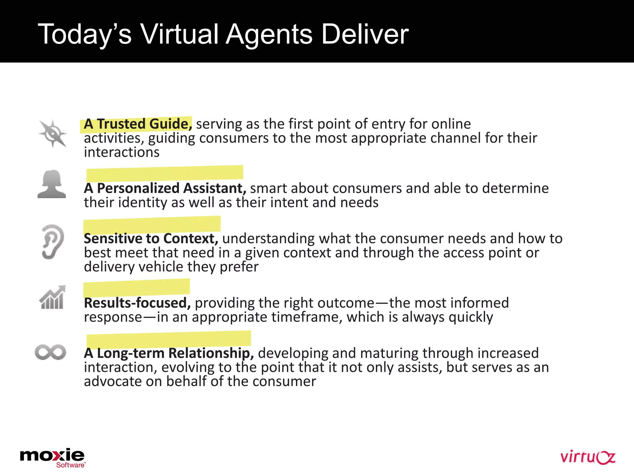 Today’s Virtual Agents Deliver


   A Trusted Guide, serving as the first point of entry for online
   activities, guiding consumers to the most appropriate channel for their
   interactions

   A Personalized Assistant, smart about consumers and able to determine
   their identity as well as their intent and needs

   Sensitive to Context, understanding what the consumer needs and how to
   best meet that need in a given context and through the access point or
   delivery vehicle they prefer

   Results-focused, providing the right outcome—the most informed
   response—in an appropriate timeframe, which is always quickly

   A Long-term Relationship, developing and maturing through increased
   interaction, evolving to the point that it not only assists, but serves as an
   advocate on behalf of the consumer
 