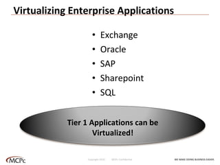 Virtualizing Enterprise Applications Exchange Oracle SAP Sharepoint SQL Tier 1 Applications can be Virtualized! WE MAKE DOING BUSINESS EASIER . Copyright 2010  MCPc Confidential 