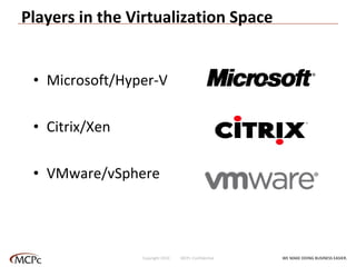 Players in the Virtualization Space Microsoft/Hyper-V Citrix/Xen VMware/vSphere WE MAKE DOING BUSINESS EASIER . Copyright 2010  MCPc Confidential 