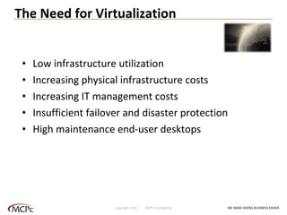 The Need for Virtualization Low infrastructure utilization Increasing physical infrastructure costs Increasing IT management costs Insufficient failover and disaster protection High maintenance end-user desktops WE MAKE DOING BUSINESS EASIER . Copyright 2010  MCPc Confidential 