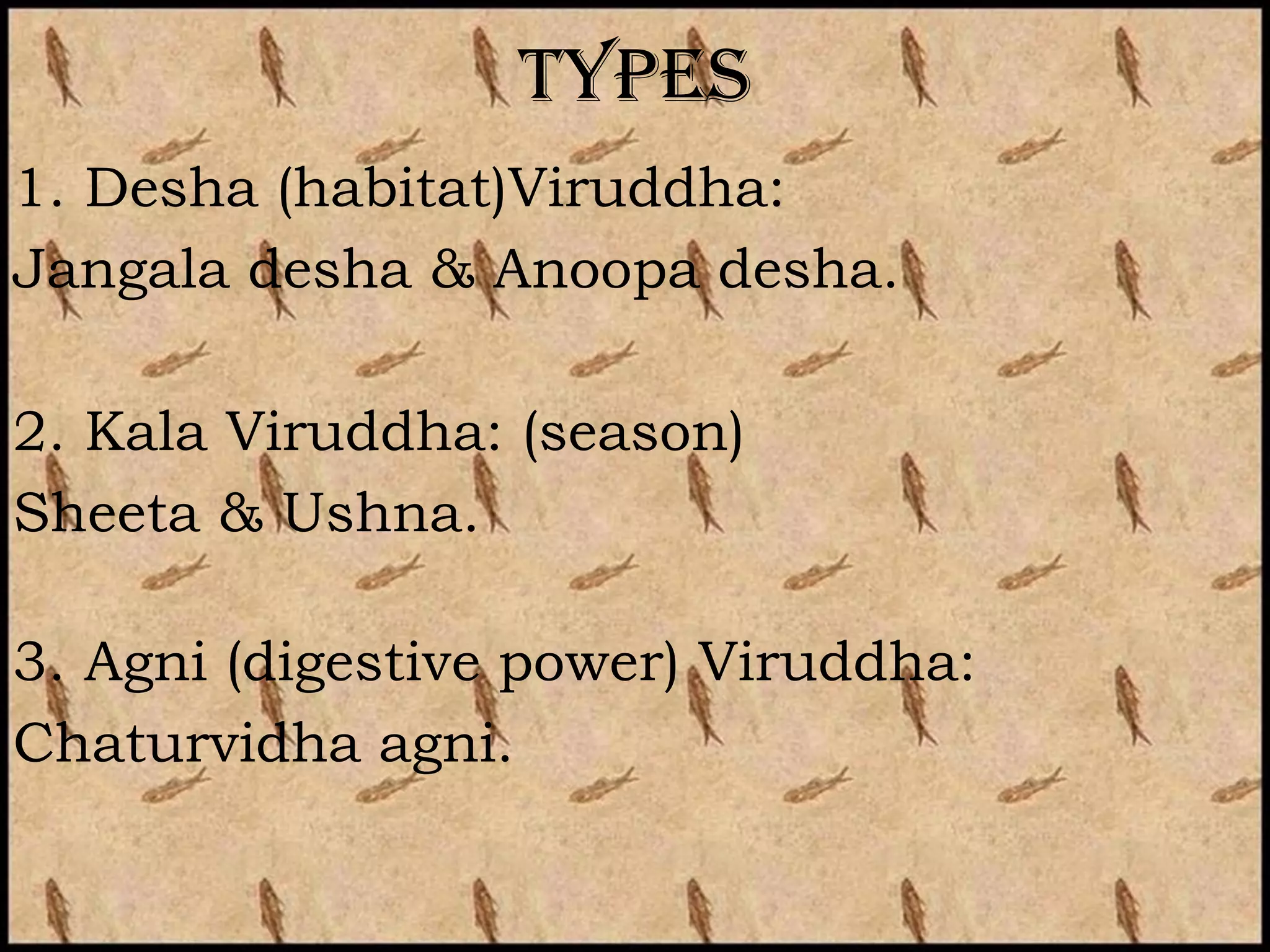 types
1. Desha (habitat)Viruddha:
Jangala desha & Anoopa desha.

2. Kala Viruddha: (season)
Sheeta & Ushna.

3. Agni (digestive power) Viruddha:
Chaturvidha agni.
 
