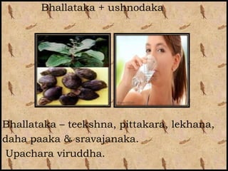 Bhallataka + ushnodaka




Bhallataka – teekshna, pittakara, lekhana,
daha paaka & sravajanaka.
 Upachara viruddha.
 