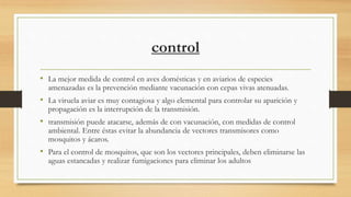 control
• La mejor medida de control en aves domésticas y en aviarios de especies
amenazadas es la prevención mediante vacunación con cepas vivas atenuadas.
• La viruela aviar es muy contagiosa y algo elemental para controlar su aparición y
propagación es la interrupción de la transmisión.
• transmisión puede atacarse, además de con vacunación, con medidas de control
ambiental. Entre éstas evitar la abundancia de vectores transmisores como
mosquitos y ácaros.
• Para el control de mosquitos, que son los vectores principales, deben eliminarse las
aguas estancadas y realizar fumigaciones para eliminar los adultos
 