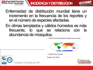 INCIDENCIAYDISTRIBUCIÓN
Enfermedad de distribución mundial tiene un
incremento en la frecuencia de los reportes y
en el número de especies afectadas.
En climas templados y cálidos húmedos es más
frecuente, lo que se relaciona con la
abundancia de mosquitos.
Fuente: (M, 2013)
 