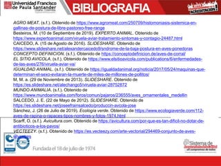BIBLIOGRAFIA
AGRO MEAT. (s.f.). Obtenido de https://www.agromeat.com/250709/histomoniasis-sistemica-en-
gallinas-de-postura-de-libre-pastoreo-free-range
Besteiros, M. (10 de Septiembre de 2019). EXPERTO ANIMAL. Obtenido de
https://www.expertoanimal.com/viruela-aviar-tratamiento-sintomas-y-contagio-24487.html
CAICEDO, A. (15 de Agosto de 2016). SLIDESHARE. Obtenido de
https://www.slideshare.net/alexandercaicedo9/sndrome-de-la-baja-postura-en-aves-ponedoras
CONCEPTO DEFINICION. (s.f.). Obtenido de https://conceptodefinicion.de/aves-de-corral/
EL SITIO AVICOLA. (s.f.). Obtenido de https://www.elsitioavicola.com/publications/6/enfermedades-
de-las-aves/276/viruela-aviar-va/
IGUALDAD ANIMAL. (s.f.). Obtenido de https://igualdadanimal.org/noticia/2017/05/24/maquinas-que-
determinan-el-sexo-evitaran-la-muerte-de-miles-de-millones-de-pollitos/
M, M. a. (29 de Noviembre de 2013). SLIDESHARE. Obtenido de
https://es.slideshare.net/alechango5/viruela-aviar-28752872
MUNDO ANIMALIA. (s.f.). Obtenido de
https://www.mundoanimalia.com/foros/comun/pajaros/236555/aves_ornamentales_medellin
SALCEDO, J. E. (22 de Mayo de 2012). SLIDESHARE. Obtenido de
https://es.slideshare.net/joseefrainsalcedo/produccin-avcola-jose
Sánchez, J. (26 de Julio de 2019). Ecología verde. Obtenido de https://www.ecologiaverde.com/112-
aves-de-rapina-o-rapaces-tipos-nombres-y-fotos-1974.html
Scarff, O. (s.f.). Avicultura.com. Obtenido de https://avicultura.com/por-que-es-tan-dificil-no-dotar-de-
antibioticos-a-los-pavos/
VECTEEZY. (s.f.). Obtenido de https://es.vecteezy.com/arte-vectorial/294469-conjunto-de-aves-
silvestres
 