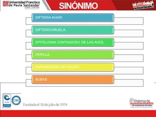 SINÓNIMO
DIFTERIA AVIAR.
DIFTEROVIRUELA.
EPITELIOMA CONTAGIOSO DE LAS AVES.
PEPILLA.
ENFERMEDAD DE KIKUTH.
BUBAS.
 