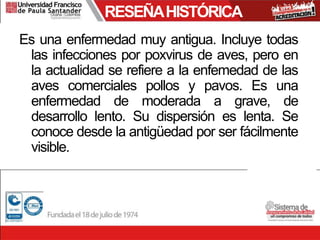 RESEÑAHISTÓRICA
Es una enfermedad muy antigua. Incluye todas
las infecciones por poxvirus de aves, pero en
la actualidad se refiere a la enfemedad de las
aves comerciales pollos y pavos. Es una
enfermedad de moderada a grave, de
desarrollo lento. Su dispersión es lenta. Se
conoce desde la antigüedad por ser fácilmente
visible.
 