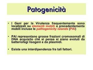 Patogenicità I Geni per la Virulenza frequentemente sono localizzati su  elementi mobili  o precedentemente mobili incluse le  pathogenicity islands  ( PAI )  PAI representano grosse frazioni cromosomali di DNA acquisito che si pensa si siano evoluti da batteriofagi lisogeni e da plasmidi.  Esiste una interdipendenza fra tali fattori. 
