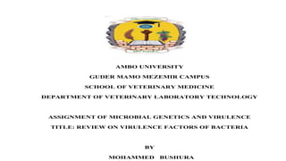 AMBO UNIVERSITY
GUDER MAMO MEZEMIR CAMPUS
SCHOOL OF VETERINARY MEDICINE
DEPARTMENT OF VETERINARY LABORATORY TECHNOLOGY
ASSIGNMENT OF MICROBIAL GENETICS AND VIRULENCE
TITLE: REVIEW ON VIRULENCE FACTORS OF BACTERIA
BY
MOHAMMED BUSHURA
 