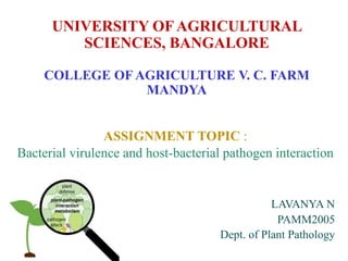 UNIVERSITY OF AGRICULTURAL
SCIENCES, BANGALORE
COLLEGE OF AGRICULTURE V. C. FARM
MANDYA
ASSIGNMENT TOPIC :
Bacterial virulence and host-bacterial pathogen interaction
LAVANYA N
PAMM2005
Dept. of Plant Pathology
 