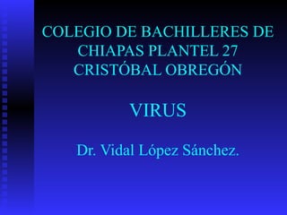 COLEGIO DE BACHILLERES DE CHIAPAS PLANTEL 27 CRISTÓBAL OBREGÓN VIRUS Dr. Vidal López Sánchez. 