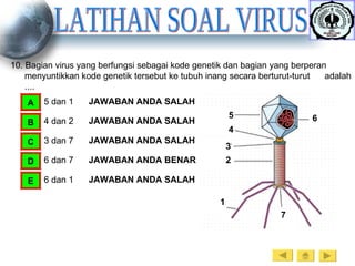 LATIHAN SOAL VIRUS 10. Bagian virus yang berfungsi sebagai kode genetik dan bagian yang berperan menyuntikkan kode genetik tersebut ke tubuh inang secara berturut-turut  adalah .... 5 dan 1 A 4 dan 2 B 3 dan 7 C 6 dan 7 D 6 dan 1 E JAWABAN ANDA SALAH JAWABAN ANDA SALAH JAWABAN ANDA SALAH JAWABAN ANDA SALAH JAWABAN ANDA BENAR 1 2 3 4 5 6 7 