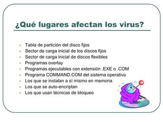 ¿Qué lugares afectan los virus?Tabla de partición del disco fijos Sector de carga inicial de los discos fijos Sector de carga inicial de discos flexibles Programas overlay Programas ejecutables con extensión .EXE o .COM Programa COMMAND.COM del sistema operativo Los que se instalan a sí mismo en memoria Los que se auto-encriptanLos que usan técnicas de bloqueo