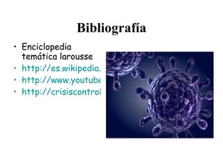 Bibliografía Enciclopedia temática larousse http://es.wikipedia.org/wiki/Virus http://www.youtube.com/watch?v=3aOB3Nol4rs&feature=related http://crisiscontrol.files.wordpress.com/2009/07/flu-virus-e06074-sw.jpg 