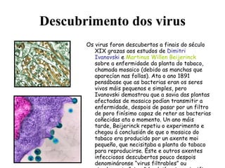 Descubrimento dos virus Os virus foron descubertos a finais do século XIX grazas aos estudos de  Dimitri Ivanovski  e  Martinus Willen Beijerinck  sobre a enfermidade da planta do tabaco, chamada mosaico (debido as manchas que aparecían nas follas). Ata o ano 1891 pensábase que as bacterias eran os seres vivos máis pequenos e simples, pero Ivanovski demostrou que a savia das plantas afectadas de mosaico podían transmitir a enfermidade, despois de pasar por un filtro de poro finísimo capaz de reter as bacterias coñecidas ata o momento. Un ano máis tarde, Beijerinck repetiu o experimento e chegou á conclusión de que o mosaico do tabaco era producido por un axente moi pequeño, que necisitaba a planta do tabaco para reproducirse. Éste e outros axentes infecciosos descubertos pouco despois denomináronse “virus filtrables” ou simplemente “virus” (en latín, virus significa veneno). 