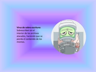Virus de sobre escritura:Sobrescriben en el interior de los archivos atacados, haciendo que se pierda el contenido de los mismos.