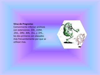 Virus de Programa:Comúnmente infectan archivos con extensiones .EXE, .COM, .OVL, .DRV, .BIN, .DLL, y .SYS., los dos primeros son atacados más frecuentemente por que se utilizan mas.