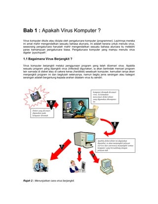 Bab 1 : Apakah Virus Komputer ?
Virus komputer ditulis atau dicipta oleh pengaturcara komputer (programmer), Lazimnya mereka
ini amat mahir mengendalikan sesuatu bahasa aturcara, ini adalah kerana untuk menulis virus,
seseorang pengaturcara haruslah mahir mengendalikan sesuatu bahasa aturcara itu melebihi
paras kemampuan pengaturcara biasa. Pengaturcara komputer yang mampu menulis virus
digelar ‘pyschopath’.

1.1 Bagaimana Virus Berjangkit ?

Virus komputer berjangkit melalui penggunaan program yang telah dicemari virus. Apabila
sesuatu program yang dijangkiti virus (infected) digunakan, ia akan bertindak mencari program
lain samada di disket atau di cakera keras (harddisk) sesebuah komputer, kemudian ianya akan
menjangkiti program ini dan begitulah seterusnya, namun begitu jenis serangan atau kategori
serangan adalah bergantung kepada arahan didalam virus itu sendiri.




                                                          komputer dirumah dicemari
                                                          virus. Ia kemudian
                                                          mencemari disket-disket
                                                          yang digunakan dikomputer
                                                          ini.



       Disket yang dicemari
       digunakan pada
       komputer dirumah.




                                                               Apabila disket-disket ini digunakan
                                                               dipejabat, ia akan menjangkiti pelayan
                                                               (server) dan seterusnya menjangkiti semua
                                                               komputer yang bersambung dengan
                                                               pelayan tadi.




Rajah 2 : Menunjukkan cara virus berjangkit.
 