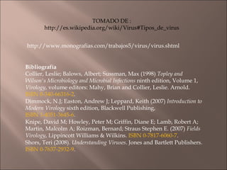 TOMADO DE : http://es.wikipedia.org/wiki/Virus#Tipos_de_virus http://www.monografias.com/trabajos5/virus/virus.shtml Bibliografía Collier, Leslie; Balows, Albert; Sussman, Max (1998)  Topley and Wilson's Microbiology and Microbial Infections  ninth edition, Volume 1,  Virology , volume editors: Mahy, Brian and Collier, Leslie. Arnold.  ISBN 0-340-66316-2 . Dimmock, N.J; Easton, Andrew J; Leppard, Keith (2007)  Introduction to Modern Virology  sixth edition, Blackwell Publishing,  ISBN 1-4051-3645-6 . Knipe, David M; Howley, Peter M; Griffin, Diane E; Lamb, Robert A; Martin, Malcolm A; Roizman, Bernard; Straus Stephen E. (2007)  Fields Virology , Lippincott Williams & Wilkins.  ISBN 0-7817-6060-7 . Shors, Teri (2008).  Understanding Viruses . Jones and Bartlett Publishers.  ISBN 0-7637-2932-9 . 