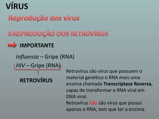 VÍRUSReprodução dos vírus3:REPRODUÇÃO DOS RETROVÍRUS IMPORTANTEInfluenza – Gripe (RNA)HIV – Gripe (RNA)Retrovírus são vírus que possuem o material genético o RNA mais uma enzima chamada Transcriptase Reversa, capaz de transformar o RNA viral em DNA viral.Retrovírus não são vírus que possui apenas o RNA, tem que ter a enzima.RETROVÍRUS