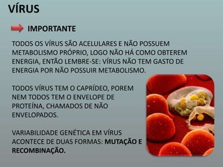 VÍRUSIMPORTANTETODOS OS VÍRUS SÃO ACELULARES E NÃO POSSUEM METABOLISMO PRÓPRIO, LOGO NÃO HÁ COMO OBTEREM ENERGIA, ENTÃO LEMBRE-SE: VÍRUS NÃO TEM GASTO DE ENERGIA POR NÃO POSSUIR METABOLISMO.TODOS VÍRUS TEM O CAPRÍDEO, POREM NEM TODOS TEM O ENVELOPE DE PROTEÍNA, CHAMADOS DE NÃO ENVELOPADOS.VARIABILIDADE GENÉTICA EM VÍRUS ACONTECE DE DUAS FORMAS: MUTAÇÃO ERECOMBINAÇÃO. 