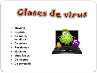  Troyano
 Gusano
 De sobre-
    escritura
   De enlace
   Residentes
   Mutantes
   Virus falsos
   De macros
   De compañía
 