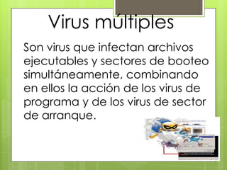 Virus múltiples
Son virus que infectan archivos
ejecutables y sectores de booteo
simultáneamente, combinando
en ellos la acción de los virus de
programa y de los virus de sector
de arranque.
 