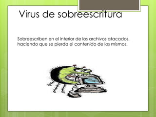 Virus de sobreescritura

Sobreescriben en el interior de los archivos atacados,
haciendo que se pierda el contenido de los mismos.
 