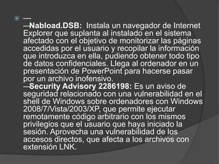    —
    — Nabload.DSB: Instala un navegador de Internet
    Explorer que suplanta al instalado en el sistema
    afectado con el objetivo de monitorizar las páginas
    accedidas por el usuario y recopilar la información
    que introduzca en ella, pudiendo obtener todo tipo
    de datos confidenciales. Llega al ordenador en un
    presentación de PowerPoint para hacerse pasar
    por un archivo inofensivo.
    — Security Advisory 2286198: Es un aviso de
    seguridad relacionado con una vulnerabilidad en el
    shell de Windows sobre ordenadores con Windows
    2008/7/Vista/2003/XP, que permite ejecutar
    remotamente código arbitrario con los mismos
    privilegios que el usuario que haya iniciado la
    sesión. Aprovecha una vulnerabilidad de los
    accesos directos, que afecta a los archivos con
    extensión LNK.
 