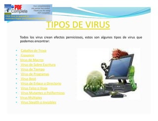 TIPOS DE VIRUS
  Todos los virus crean efectos perniciosos, estos son algunos tipos de virus que
  podemos encontrar:

• Caballos de Troya
• Gusanos
• Virus de Macros
• Virus de Sobre Escritura
• Virus de Tiempo
• Virus de Programas
• Virus Boot
• Virus de Enlace o Directorio
• Virus Falso o Hoax
• Virus Mutantes o Poliformicos
• Virus Múltiples
• Virus Stealth o Invisibles
 