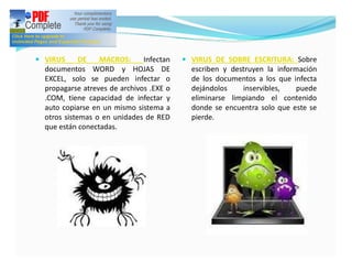 — VIRUS      DE   MACROS:      Infectan   — VIRUS DE SOBRE ESCRITURA: Sobre
  documentos WORD y HOJAS DE                escriben y destruyen la información
  EXCEL, solo se pueden infectar o          de los documentos a los que infecta
  propagarse atreves de archivos .EXE o     dejándolos    inservibles,   puede
  .COM, tiene capacidad de infectar y       eliminarse limpiando el contenido
  auto copiarse en un mismo sistema a       donde se encuentra solo que este se
  otros sistemas o en unidades de RED       pierde.
  que están conectadas.
 