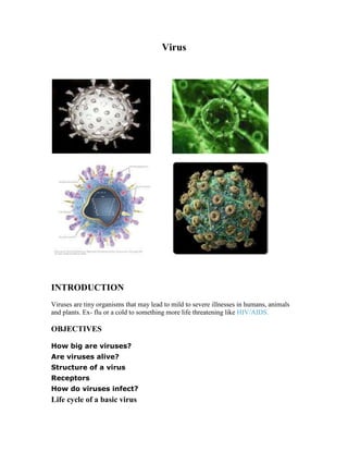 Virus




INTRODUCTION
Viruses are tiny organisms that may lead to mild to severe illnesses in humans, animals
and plants. Ex- flu or a cold to something more life threatening like HIV/AIDS.

OBJECTIVES

How big are viruses?
Are viruses alive?
Structure of a virus
Receptors
How do viruses infect?
Life cycle of a basic virus
 