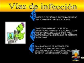 CORREO ELECTRÓNICO: PUEDEN ACTIVARSE
CON SOLO ABRIR Y LEER EL CORREO.



CONEXIÓN A INTERNET: SI SE ESTÁ
CONECTADO A INTERNET Y EL COMPUTADOR
NO CONTIENE ACTUALIZACIONES PARA
CORREGIR LA VULNERABILIDAD DE SISTEMAS
OPERATIVOS.



BAJAR ARCHIVOS DE INTERNET POR
DOWNLOAD: SI EL ARCHIVO QUE
DESCARGAMOS ESTÁ INFECTADO, PUEDE
INFECTAR NUESTRO COMPUTADOR.
 
